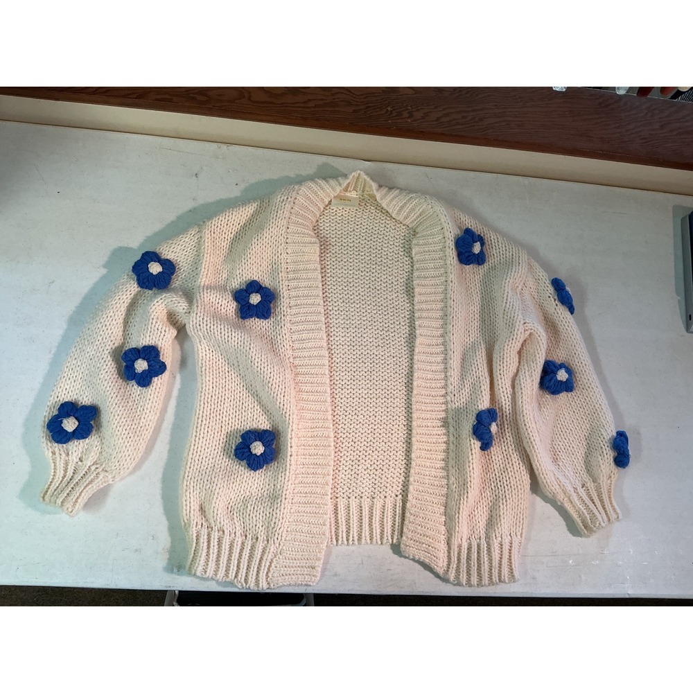 Maeve Anthropologie Crochet Flower Chunky Knit Cardigan Cream Blue One Size